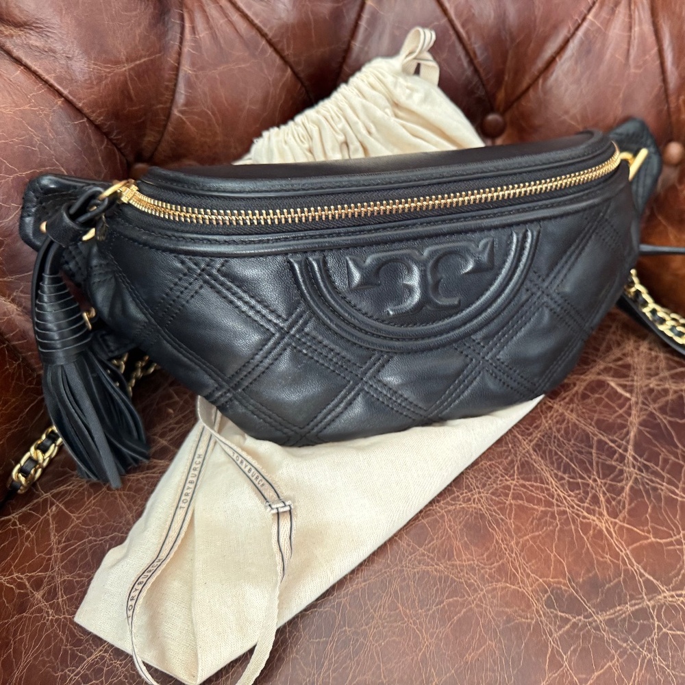 Tory Burch Black Quilted Leather Fleming Belt Bag with Gold Hardware
